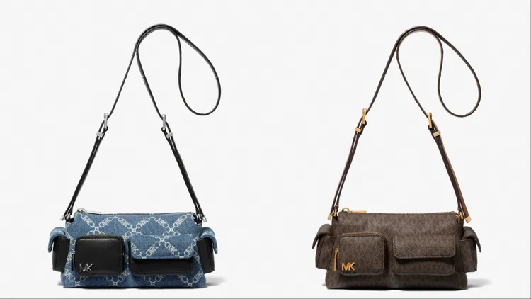 MICHAEL KORS DAKOTA丹寧小型肩背提包（左）1萬2300元、DAKOTA咖啡色經典LOGO印花小型肩背提包（右）1萬3200元。品牌提供