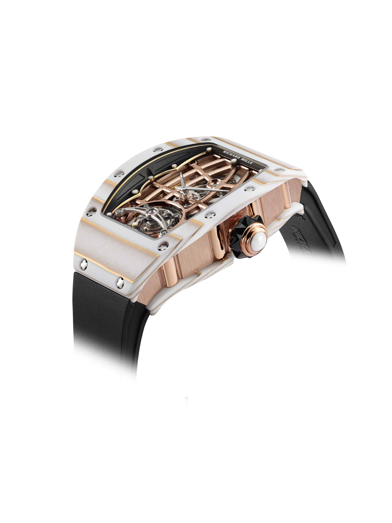 Richard Mille RM 74-02自動上鍊陀飛輪腕錶，52.63*34.40mm，Quartz TPT石英纖維錶殼，鏤空CRMT5自動上鍊陀飛輪機芯，動力儲存50小時，防水深度50米。品牌提供