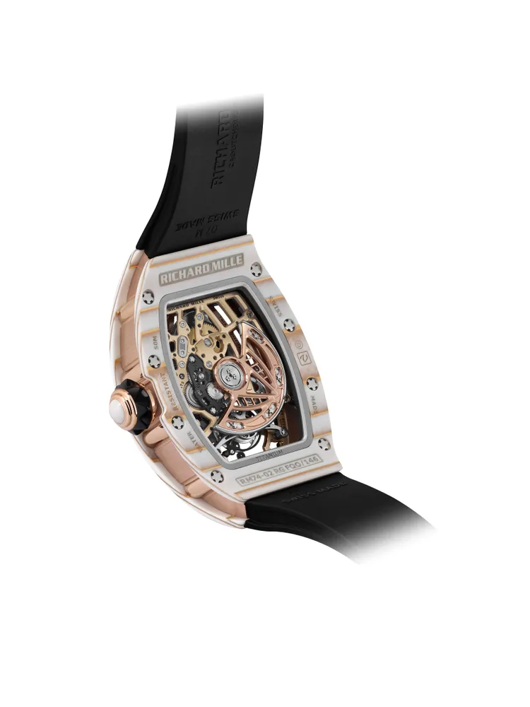 Richard Mille RM 74-02自動上鍊陀飛輪腕錶，52.63*34.40mm，Quartz TPT石英纖維錶殼，鏤空CRMT5自動上鍊陀飛輪機芯，動力儲存50小時，防水深度50米。品牌提供