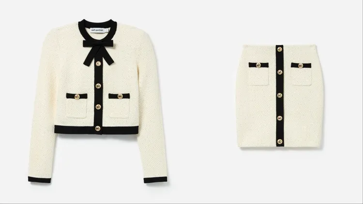 self-portrait 黑色滾邊外套（左）2萬800元、迷你短裙（右）1萬3800元。品牌提供