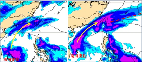左圖：最新(11日20時)歐洲模式(ECMWF)，今(12)日8時地面氣壓及降水模擬圖顯示，「南海擾動」的水氣北上、降雨範圍由南向北、逐漸擴及全臺。

右圖：最新(11日20時)歐洲模式(ECMWF)，明(13)日8時地面氣壓及降水模擬圖顯示，鋒面挾「南海擾動」北上的水氣通過，伴隨大範圍明顯降雨。
氣象應用推廣基金會