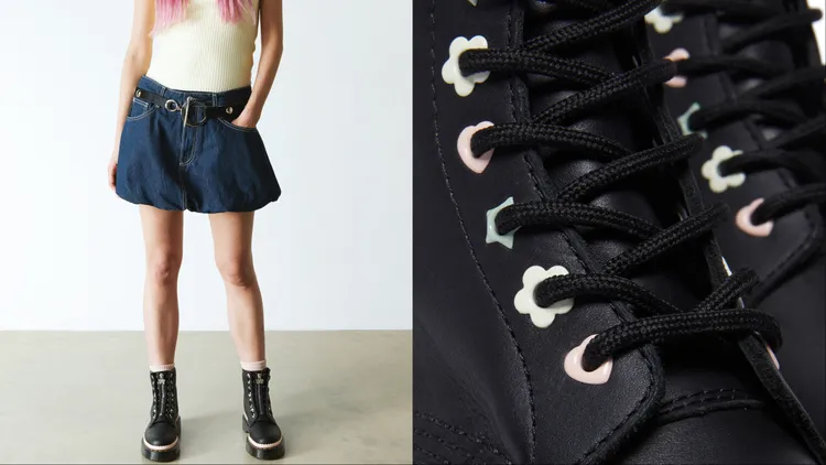 「1460 Pascal Bex FZ八孔靴」圓形鞋眼孔改以彩色的愛心、星星與花朵等夢幻造型呈現。品牌提供