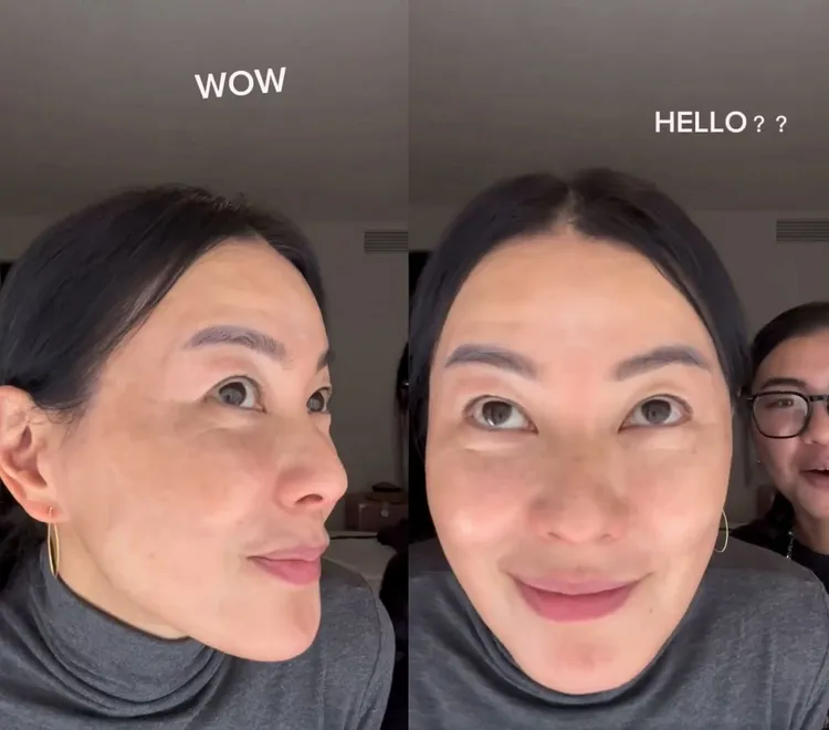 江角真紀子拍臉部特寫，女兒在後面發出驚呼聲。翻攝mado IG