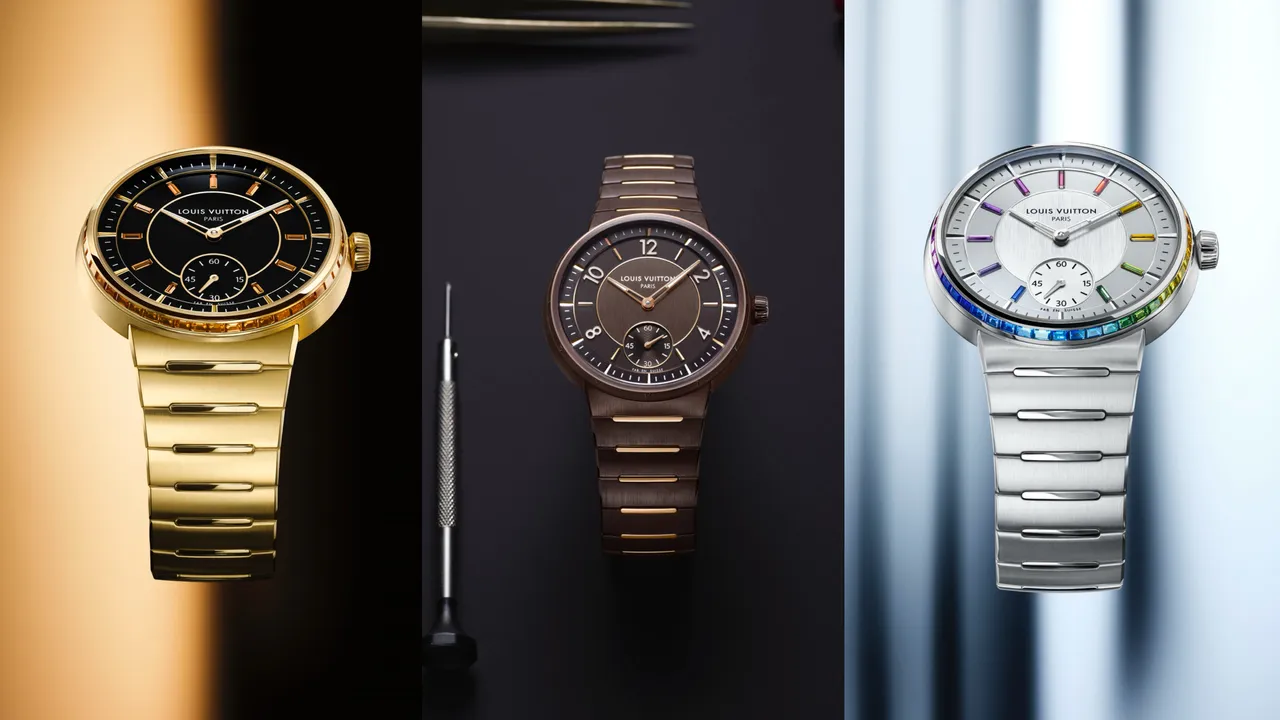 LV以Tambour腕錶為主角，延伸推出一款運用棕色陶瓷與玫瑰金材質的設計，以及2款極具高端定位的黃K金與縞瑪瑙腕錶，和鉑金彩虹腕錶。品牌提供
