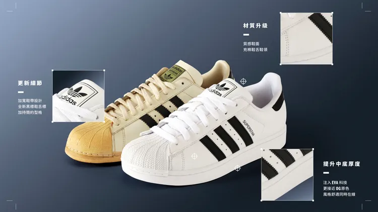 SUPERSTAR II保留經典貝殼鞋頭等經典DNA，並於細節處帶來全面升級。品牌提供