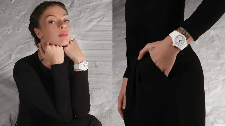 39mm的AIKON陶瓷自動腕錶以通體白色的拋光陶瓷錶殼製作。品牌提供