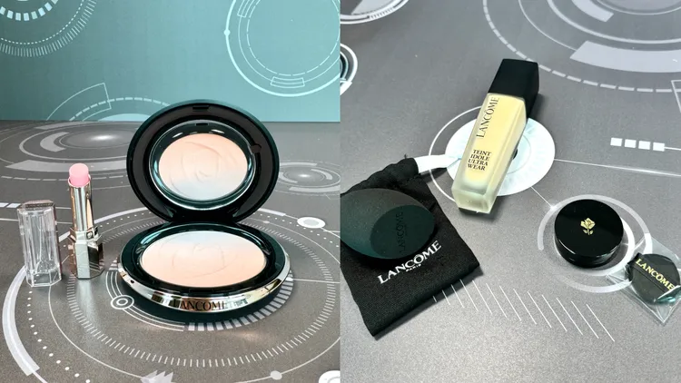 新品上市期間購買AI小粉餅IDOLE唯我玫瑰裸光潤唇膏（左圖）；購買零粉感超持久粉底正貨，則會贈送迷你小飛碟氣墊與輕感持妝美妝蛋（右圖）。品牌提供