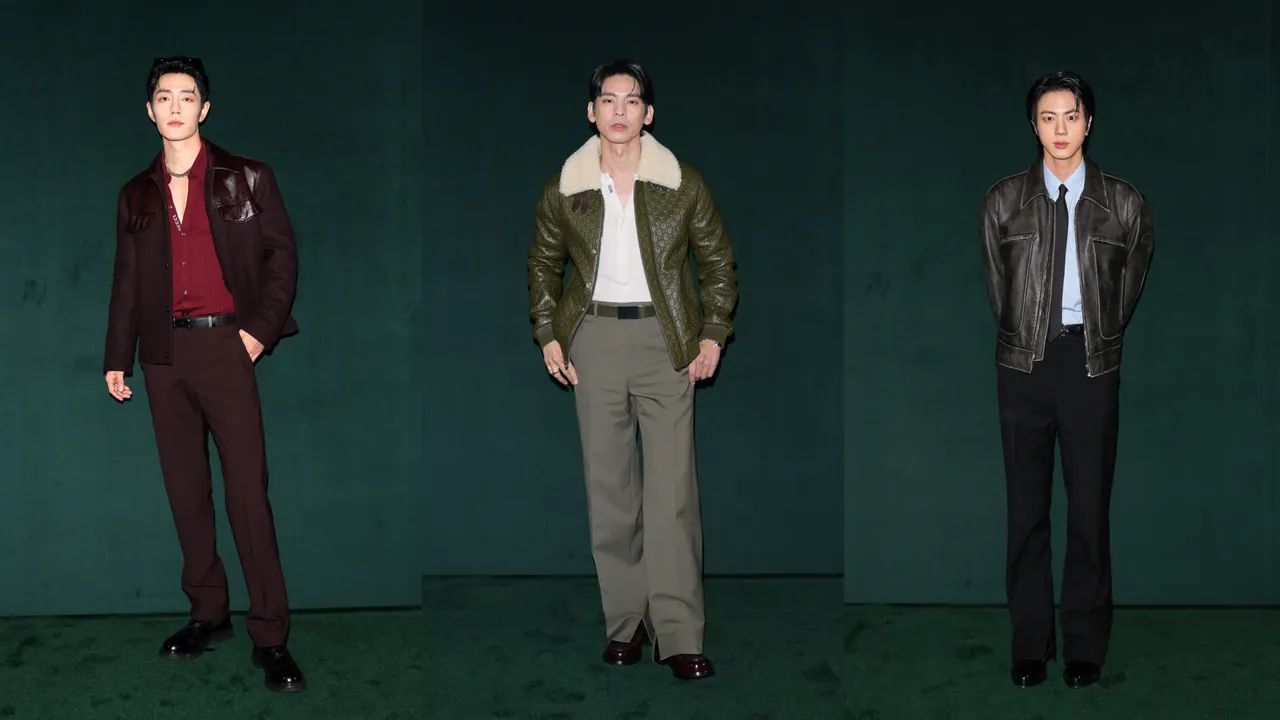 肖戰（左起）、林柏宏、BTS JIN現身GUCCI 2025秋冬大秀秀場。品牌提供