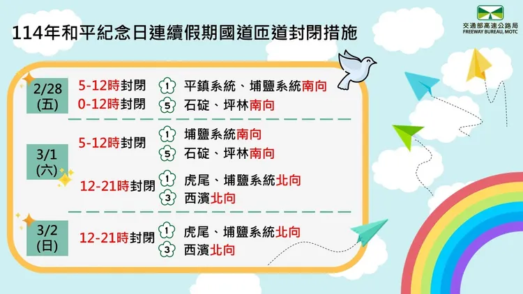 和平紀念日連假國道匝道封閉措施。高公局提供