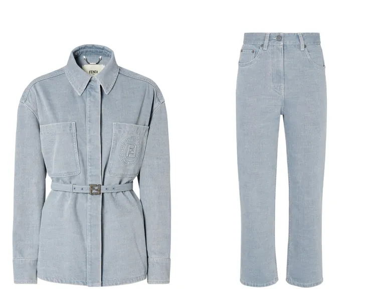 FENDI牛仔腰帶夾克（左圖）6萬7400元、牛仔直筒褲（右圖）3萬7600元。品牌提供