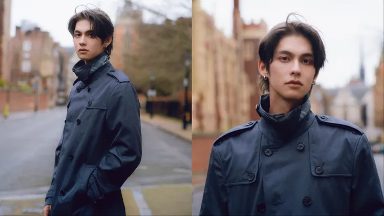 Bright Vachirawit身著經典風衣現身倫敦街頭。品牌提供