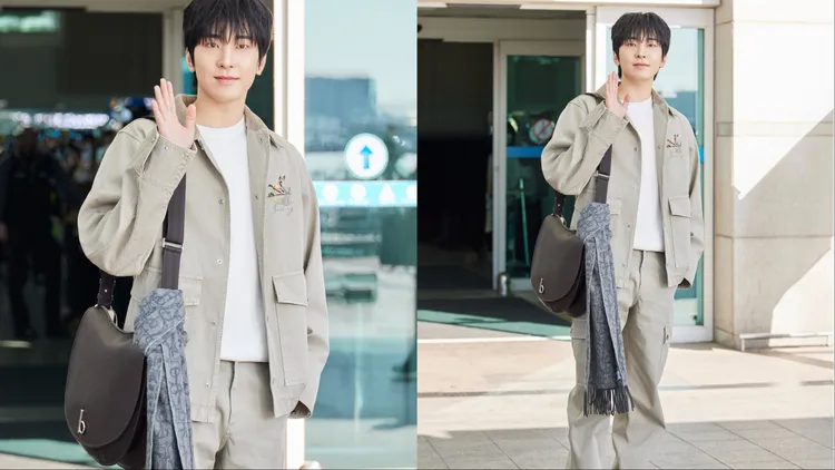 圓佑以BURBERRY夾克及混紡工裝長褲帥氣現身。品牌提供