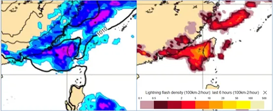 最新(27日20時)歐洲模式(ECMWF)，模擬下週二(4日)2時地面氣壓及前6小時累積降水圖顯示，鋒面通過、伴隨明顯降雨(左圖)。同時閃電密度(前6小時)的模擬圖顯示，有雷雨發生的機率(右圖)。氣象應用推廣基金會