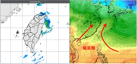 今（18）日清晨5時雷達回波合成圖（左）顯示，迎風面降水回波逐漸增多；最新（17日20時）歐洲模式（ECMWF）850百帕氣溫及風場模擬圖（右）顯示，27日20時暖氣團已增強、氣溫回升。氣象應用推廣基金會