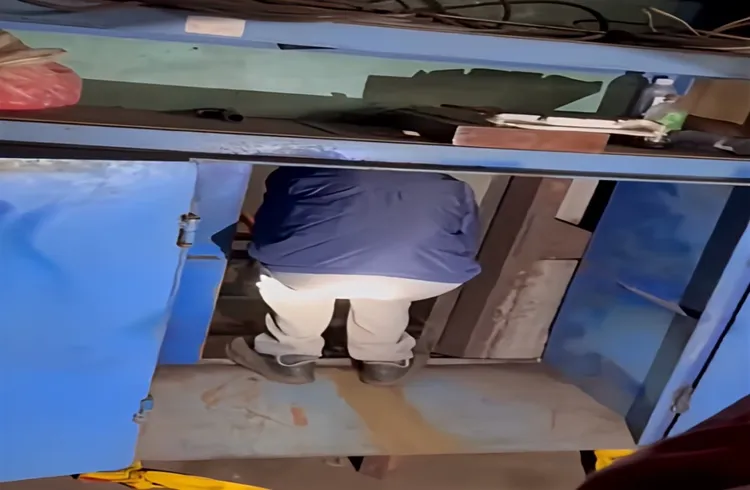 高雄查緝隊破獲船廠內走私洋菸密道入口。翻攝畫面