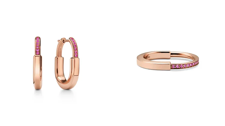 Tiffany Lock 18K玫瑰金鑲嵌粉色藍寶石耳環小型款（左圖）、18K玫瑰金鑲嵌粉色藍寶石戒指（右圖）。品牌提供