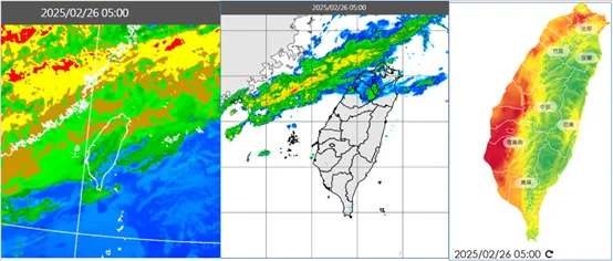 今(26日)晨5時紅外線色調強化雲圖顯示，中層雲系移入(左圖)；降水回波偏弱(中圖)。5時空氣品質監測圖顯示，北部及中南部空氣品質極差(右圖)。氣象應用推廣基金會