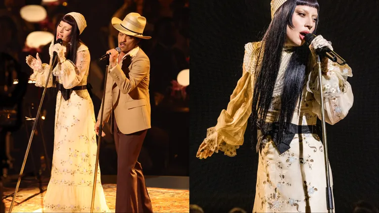 Lady Gaga與火星人布魯諾登台開唱時穿著Valentino 2025春夏系列。品牌提供