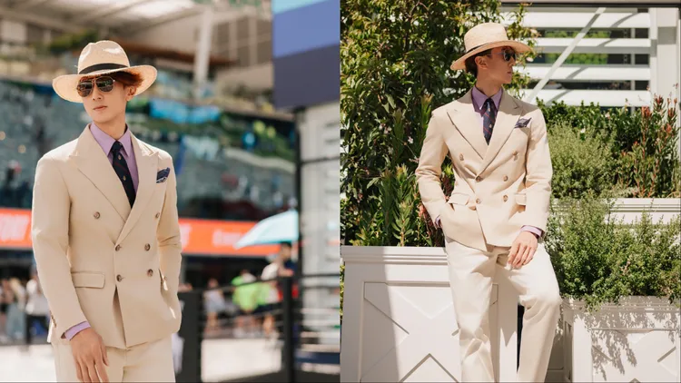 吳尊穿著卡其色雙排扣西裝搭配紫色襯衫化身美式貴族。品牌提供