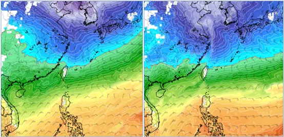 最新(3日20時)歐洲模式(ECMWF)，週二(4日)8時850百帕氣溫及風場模擬圖顯示，零度(紅)線觸及北部陸地((左圖)。週六(8日)20時850百帕氣溫及風場模擬圖顯示，冷空氣較前波略強(右圖)。(圖擷自tropical tidbits)氣象應用推廣基金會