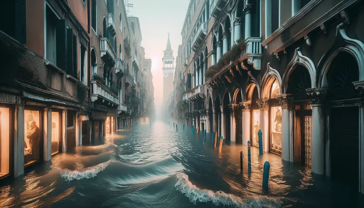 多年來義大利威尼斯一直被預測可能會因海平面上升遭淹沒。AI生成圖