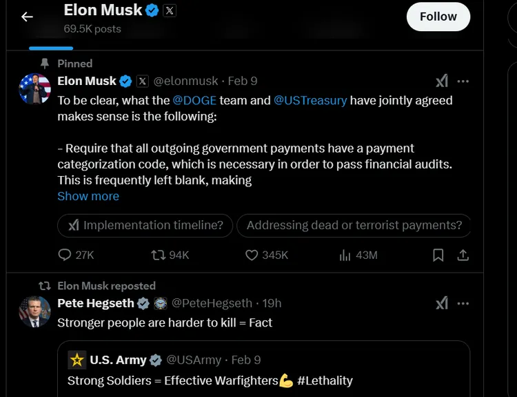 馬斯克在社群平台X中貼文強調，他不是找基層員工的麻煩；並轉貼國防部長赫格塞斯的貼文：強者難殺＝事實。翻攝X@ElonMusk