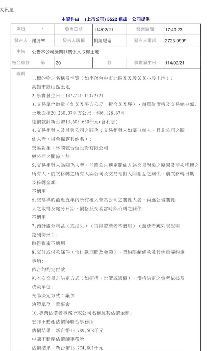 遠雄建設購地重大訊息