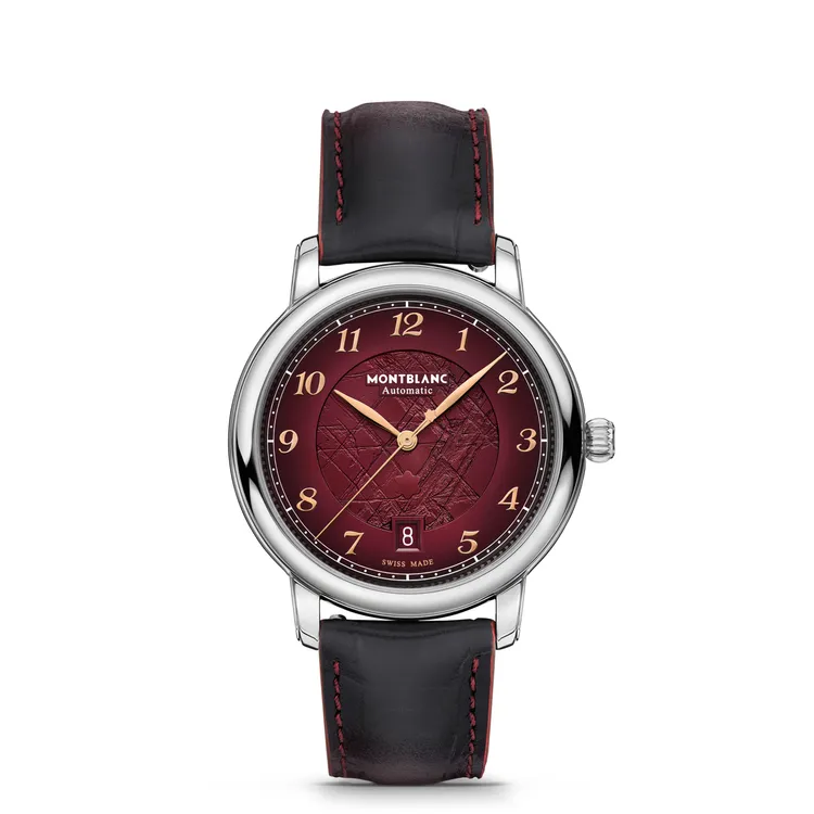 萬寶龍明星傳承系列日期顯示自動腕錶，39mm，拋光處理精鋼錶殼，勃根地紅冰川圖案錶盤，勃根地紅鱷魚皮紋小牛皮可替換錶帶，MB 24.17自動上鍊機械機芯，動力儲存38小時，防水深度50米，限量1786只，7萬7500元。品牌提供
