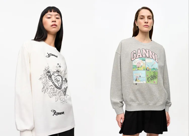 GANNI LOGO吊飾印花重磅長袖T恤（左）7800元、GANNI粉紅小熊漫畫印花長袖衛衣（右）8800元。品牌提供