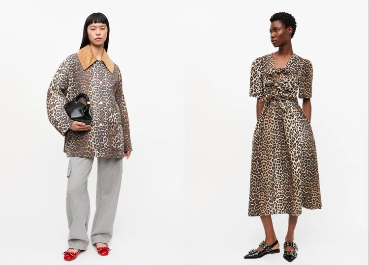 GANNI豹紋印花跳色翻領中長夾克（左）1萬6800元、GANNI豹紋印花飾結中長洋裝（右）1萬1800元。品牌提供