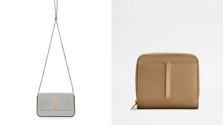 TOD'S Barretta灰色翻蓋鏈帶包（左）3萬6900元、Barretta淺棕色短夾（右）2萬2900元。品牌提供
