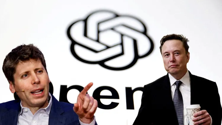 首富馬斯克（右）開價3.2兆收購OpenAI，被OpenAI奧特曼秒拒還被酸爆。合成畫面。路透社