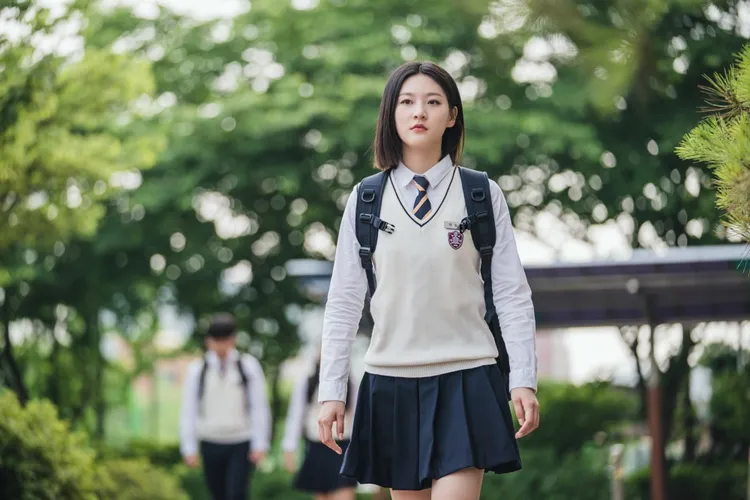 金賽綸在《優秀巫師賈斗心》飾演有神祕能力的少女。翻攝Kakao TV