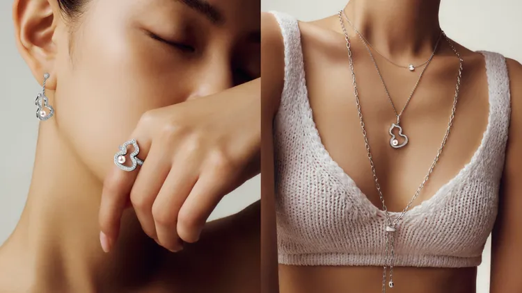 將鑽石勾勒出的Wulu輪廓中綴以圓潤Akoya珍珠。品牌提供