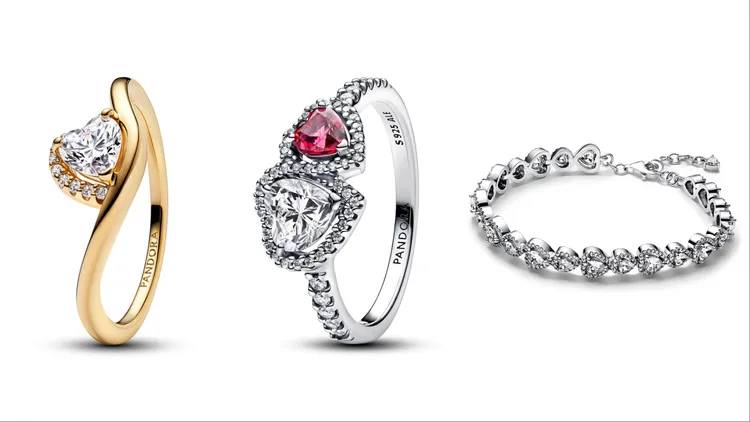 「Pandora Timeless」一見傾心波浪戒指（左起）3680元、偏愛之心鑲邊戒指3680元、鑲邊心形手鍊9480元。品牌提供
