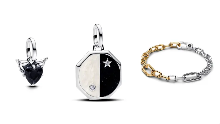 「Pandora ME」心之羽翼迷你吊飾（左起）1280元、陰陽相映吊飾2080元、Pandora ME雙色鍊圈手鍊4680元。品牌提供