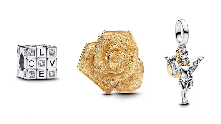 「Pandora Moments」愛的魔術方塊可轉動串飾（左起）2480元、璀璨大玫瑰串飾4680元、邱比特吊飾2280元。品牌提供
