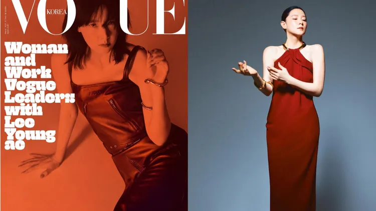 李英愛穿著GUCCI皮革開衩洋裝、紅色繞脖洋裝。翻攝voguekorea IG