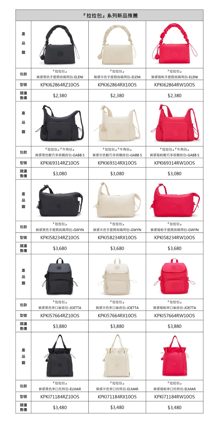 Kipling『拉拉包』系列新品推薦。