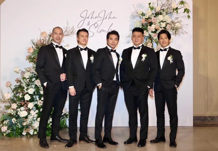 張天霖（右二起）老婆剛懷孕，為了好友當伴郎，謝承均也當伴郎力挺。攝影中心攝