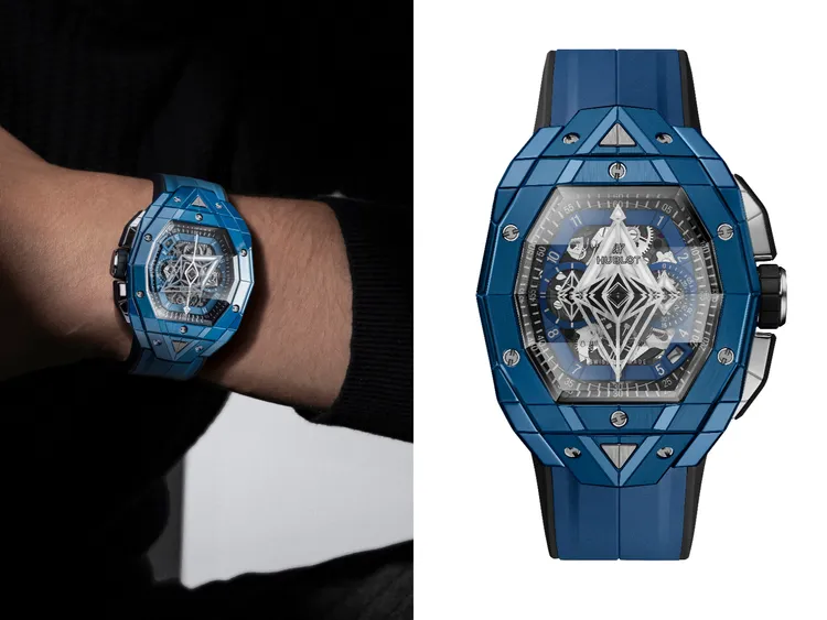 Hublot Spirit of Big Bang Sang Bleu計時碼錶，42mm，緞面拋光陶瓷錶殼，藍寶石水晶錶盤，橡膠錶帶，HUB4700自動上鍊鏤空計時機芯，動力儲存50小時，防水深度100米，限量200只，98萬2000元。品牌提供
