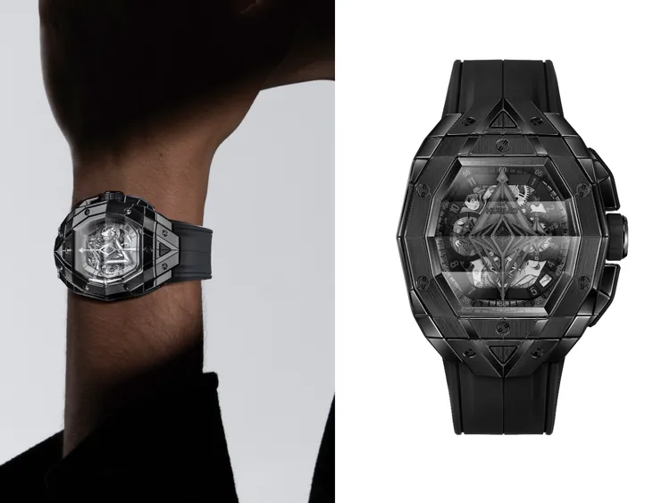 Hublot Spirit of Big Bang Sang Bleu計時碼錶，42mm，緞面拋光陶瓷錶殼，藍寶石水晶錶盤，橡膠錶帶，HUB4700自動上鍊鏤空計時機芯，動力儲存50小時，防水深度100米，限量200只，98萬2000元。品牌提供