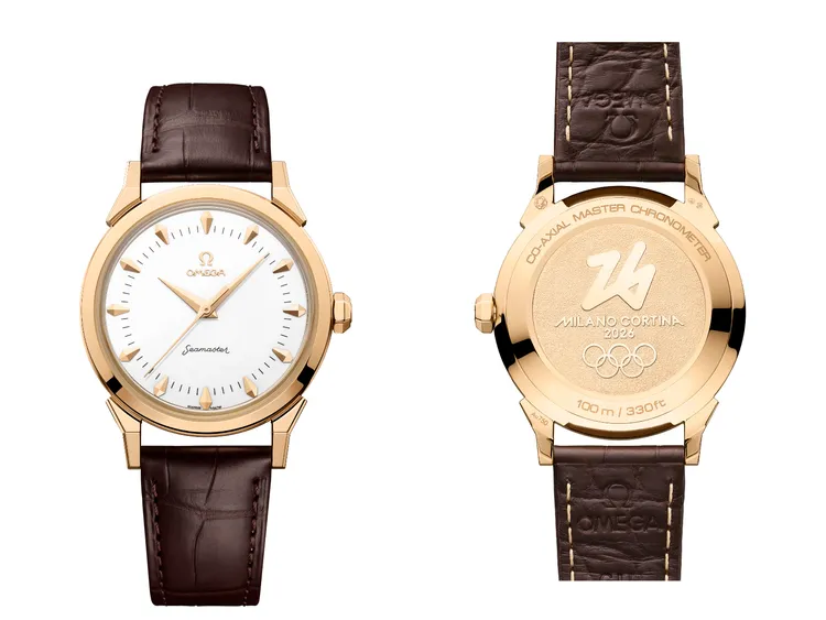 OMEGA海馬37mm系列2026冬奧腕錶，37MM，Moonshine金錶殼，白色錶盤，棕色鱷魚皮錶帶，自動上鍊8807同軸擒縱大師天文台認證機芯，動力儲存55小時，防水深度100米，63萬7000元。品牌提供