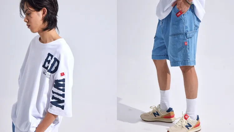 EDWIN大寬版跨袖印短袖T恤（左）1490元、超寬牛仔短褲（右）2980元。品牌提供