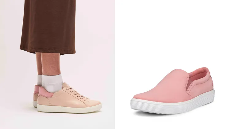 「SOFT 7 柔酷7」休閒女鞋櫻花粉、「SOFT 60 柔酷60」休閒女鞋蜜桃粉（右），各6680元。品牌提供