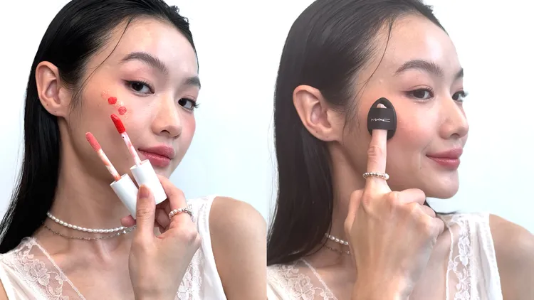 若想將腮紅蜜與打亮蜜混合使用，可如圖少量點在顴骨位置，再搭配粉撲均勻拍開。張家玲攝