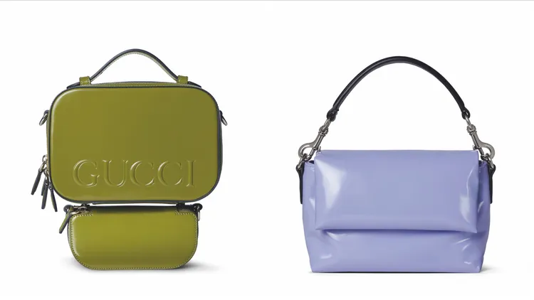 GUCCI橄欖綠子母斜背包（左）13萬3900元、淺紫色斜背包（右）6萬9000元。品牌提供