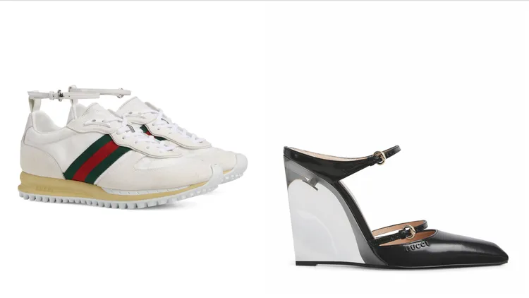 GUCCI NORA白色休閒鞋（左）3萬5100元、黑色楔型高跟鞋（右）5萬800元。品牌提供 