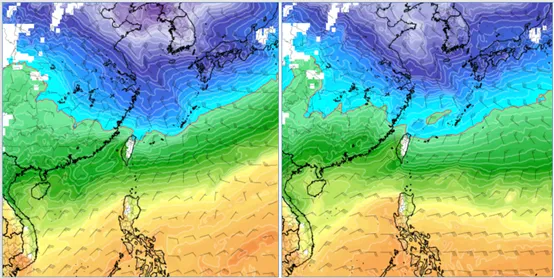 左圖：最新(2日20時)歐洲模式(ECMWF)，週二(4日)8時850百帕氣溫及風場圖顯示，強冷空氣南下，零度(紅)線觸及北部陸地。

右圖：最新(2日20時)歐洲模式(ECMWF)，下週(9)日20時850百帕氣溫及風場圖顯示，冷空氣較前波略強。(圖擷自tropical tidbits)
氣象應用推廣基金會