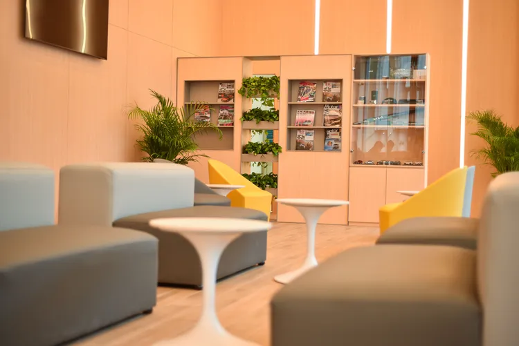 台中文心2S服務廠設有220坪的舒適室內空間與大片採光落地窗。搭配簡約主題與利用大量暖光木質飾板，展現Kia獨有的精緻風格。業者提供